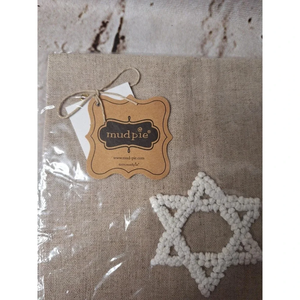 Mud Pie Hebrew Star of David Happy Linen Hand Towel Tan Hanukkah‎ Jewish Decor